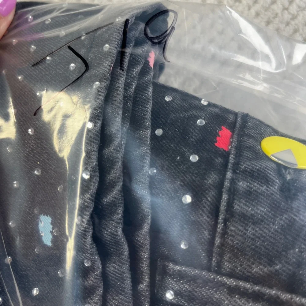 Justice Pac-Man Girls Black Denim Rhinestone Shorts Size 14 Retro Gaming Graphic